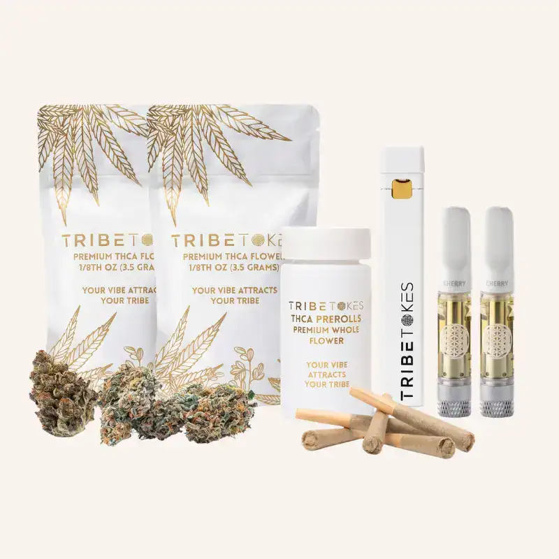 TribeTokes THCa product lineup showing THCa flower, pre-rolls, live resin vape cartridge, and disposable vape pen on cream background