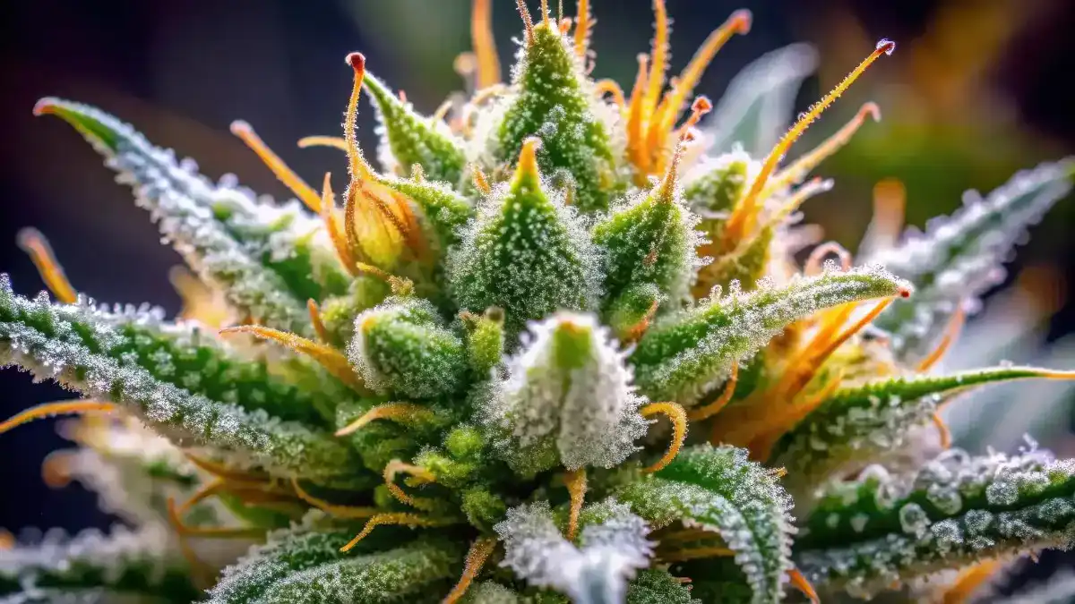 Macro shot of cannabis bud covered in sparkling trichomes with orange pistils.