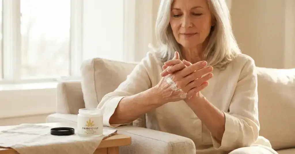Woman applying Delta 8 THC pain cream to arthritic hands next to TribeRevive topical jar