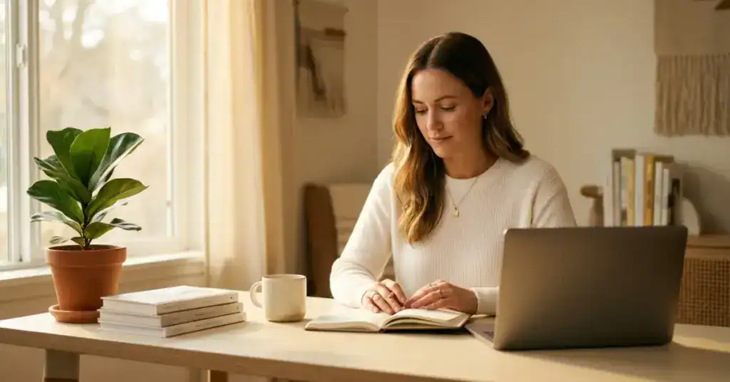 Person in calm focused flow state working at a minimal sunlit desk representing the productivity benefits of CBD and CBG for focus