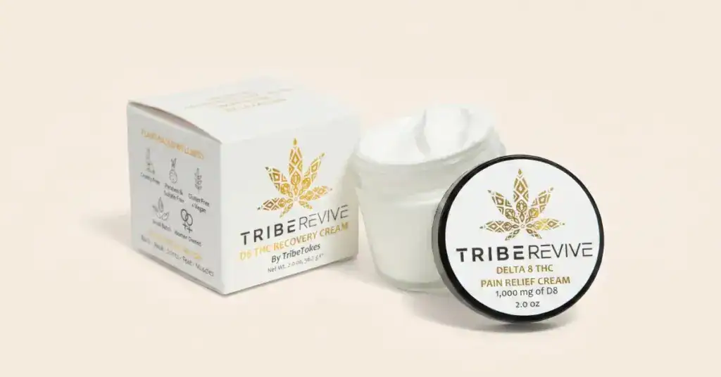 TribeRevive Delta 8 THC Pain Relief Cream 1000mg open jar with lid and box on cream background — cannabis topical recovery cream for back neck joints feet and muscles
