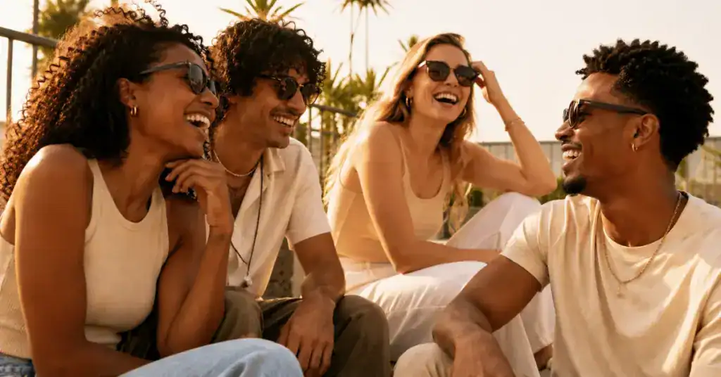Four diverse friends sitting together outdoors in sunlight holding TribeTokes vape cartridge representing cannabis for social situations dosing guide