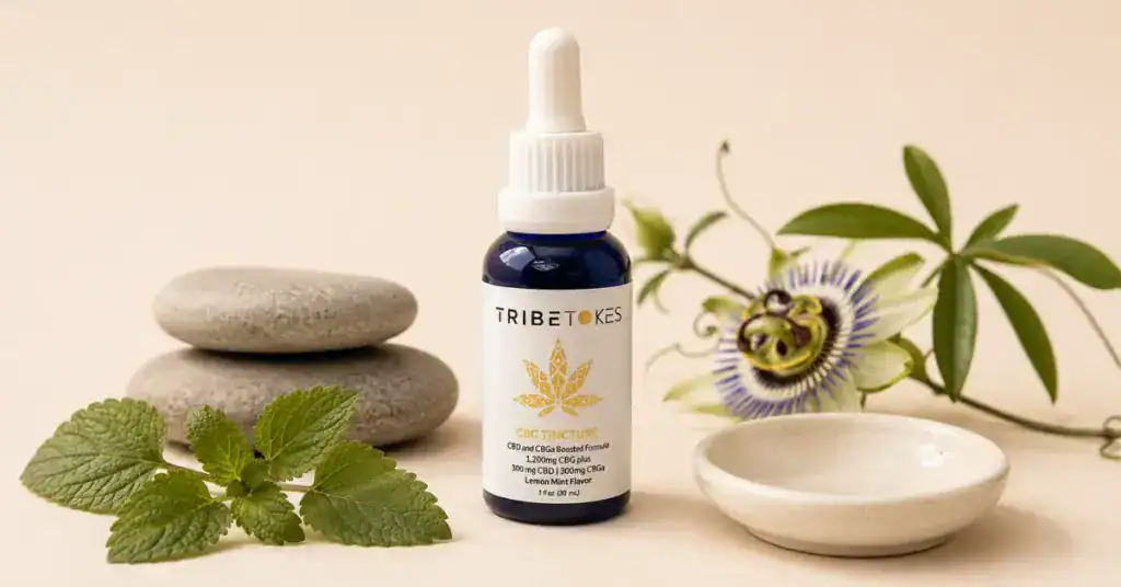 TribeTokes CBG tincture bottle with stacked stones and lemon balm botanicals on a cream background representing cannabis products for stress and anxiety relief