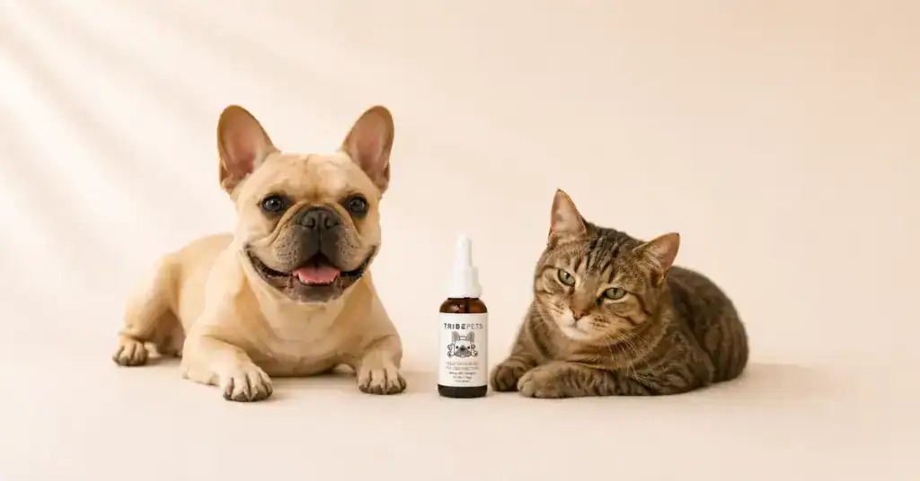 TribePets Wild Salmon Oil CBD Tincture bottle between a relaxed dog and cat on a cream background representing CBD benefits research for pets including joint pain anxiety and seizure support