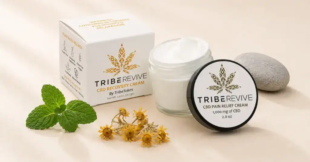 TribeRevive CBD pain cream jar open with mint and arnica botanicals on a cream background representing how CBD topical cream works for pain relief and daily application