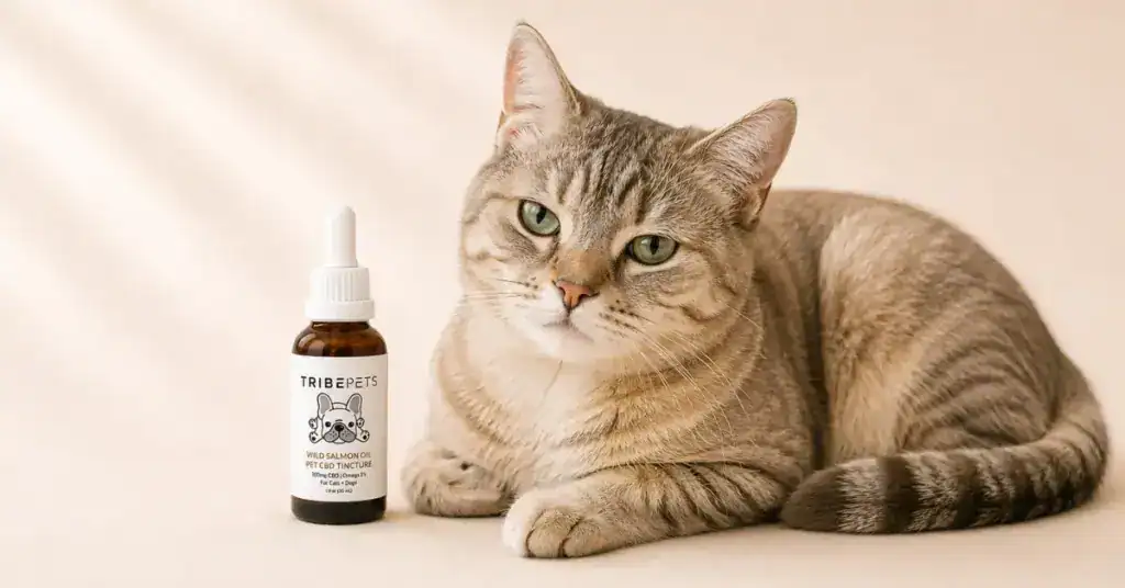 TribePets Wild Salmon Oil CBD Tincture bottle beside a relaxed cat on a cream background representing CBD dosing safety and administration guide specifically for cats