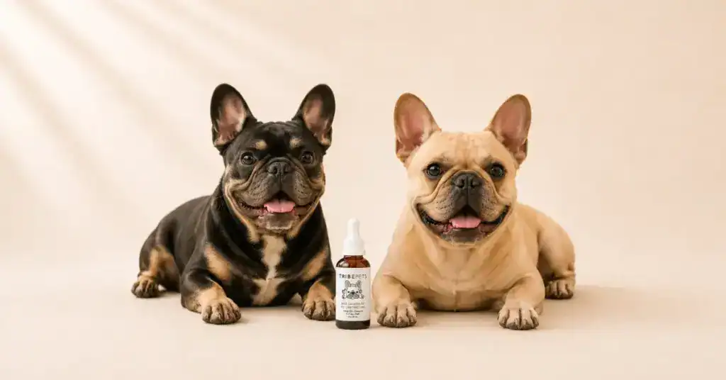 TribePets Wild Salmon Oil CBD Tincture bottle beside a relaxed French Bulldog on a cream background representing CBD use cases formats and safe introduction guide for dogs