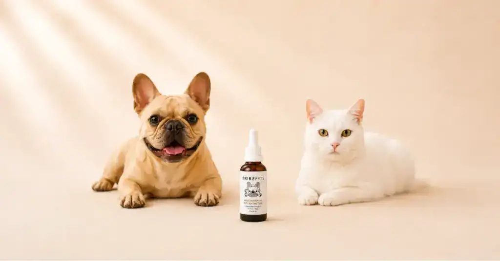 TribePets Wild Salmon Oil CBD Tincture bottle in the foreground with a dog and cat in the background on a cream surface representing the complete CBD for pets safety dosing and benefits guide