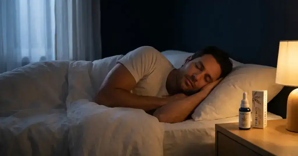 Man sleeping peacefully in a dark bedroom at night with CBD sleep products on the nightstand