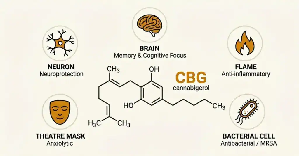 CBG cannabigerol molecular structure with icons representing researched benefits including anxiety reduction memory enhancement anti-inflammatory antibacterial and neuroprotective effects from peer-reviewed cannabinoid research
