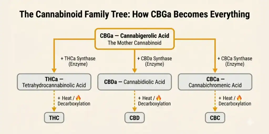 Diagram showing CBGa as the biosynthetic precursor to THCa, CBDa, and CBCa in the hemp plant's cannabinoid synthesis pathway