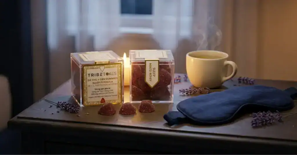 TribeTokes D9 THC + CBN Sleep Gummies on a nightstand — CBN for sleep combination formula