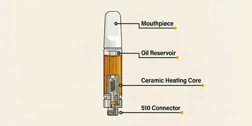Labeled diagram of a Delta 8 THC 510-thread vape cartridge showing mouthpiece, oil reservoir, ceramic heating core, and 510 connector
