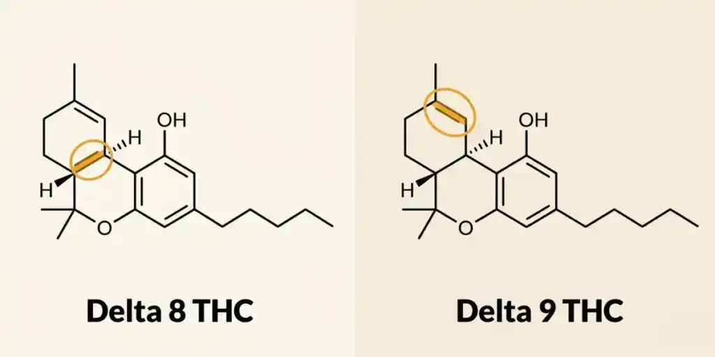 Molecular structure diagram comparing Delta 8 THC and Delta 9 THC, showing the double bond position difference at the 8th versus 9th carbon