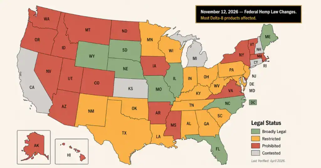US map showing Delta-8 THC legal status by state color-coded as broadly legal, restricted, prohibited, or contested, with a callout noting the November 12, 2026 federal hemp law effective date — Last Verified April 2026
