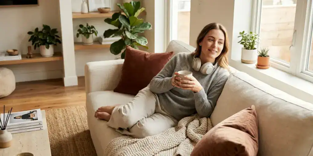 Person relaxing in a comfortable home setting, representing the calm, mild psychoactive effects commonly associated with Delta 8 THC