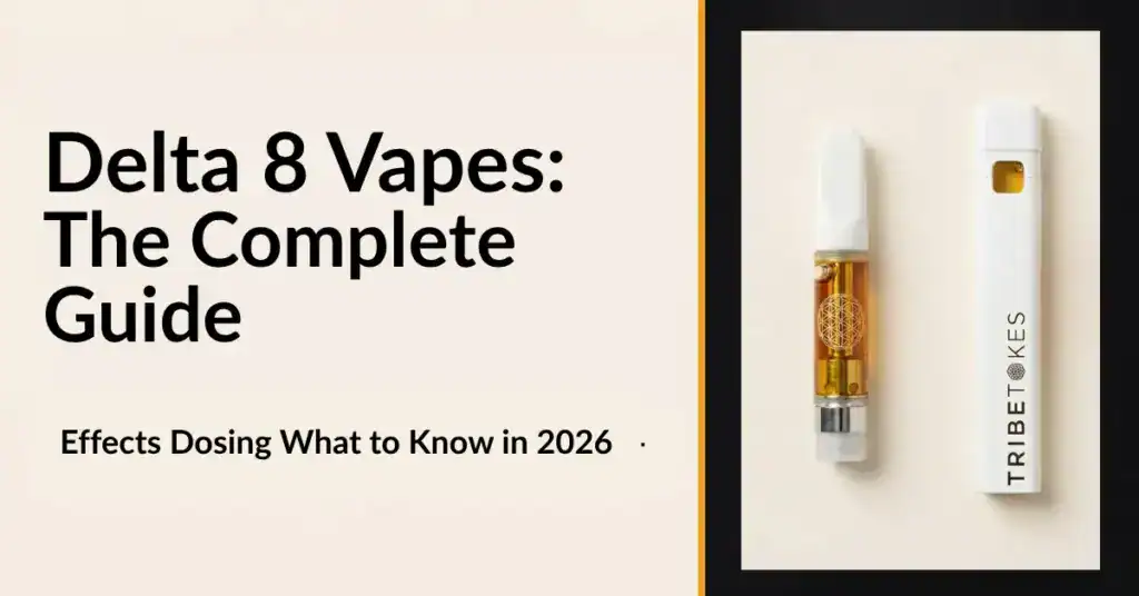 TribeTokes Delta 8 THC vape cartridges and vape battery on cream background, representing a complete guide to Delta 8 vapes
