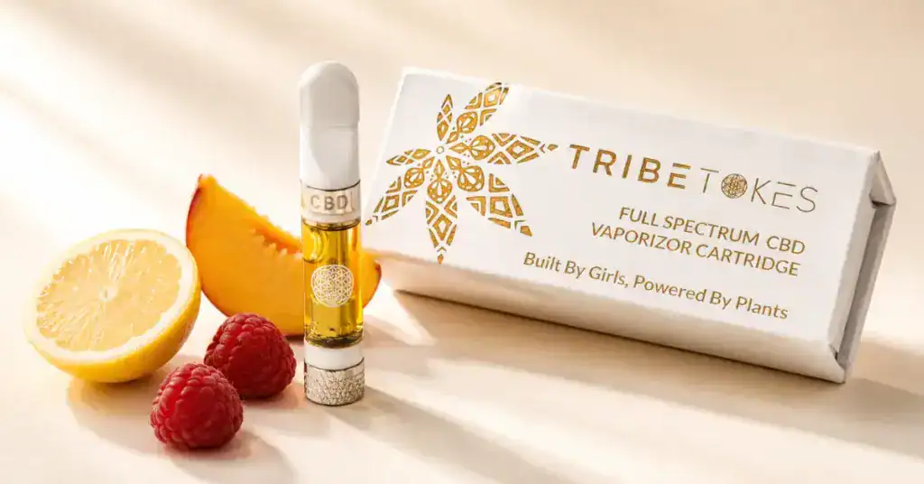 TribeTokes vape cartridge with amber oil beside fresh fruit pieces on a cream background representing the science of vape calories terpenes and appetite