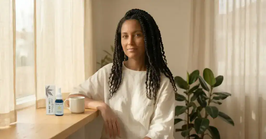 Woman in bright morning light with TribeTokes CBD tincture on countertop — calm and clear-headed, illustrating that CBD does not produce a psychoactive high