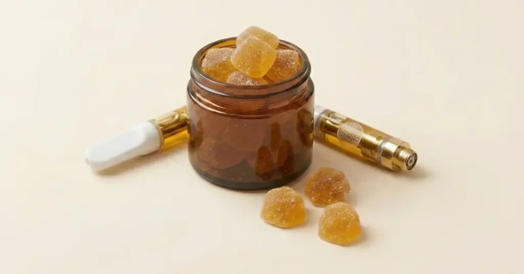 TribeTokes Delta 8 THC products — gummies and vape cart — representing hemp-derived Delta 8 products and how they're processed by the body