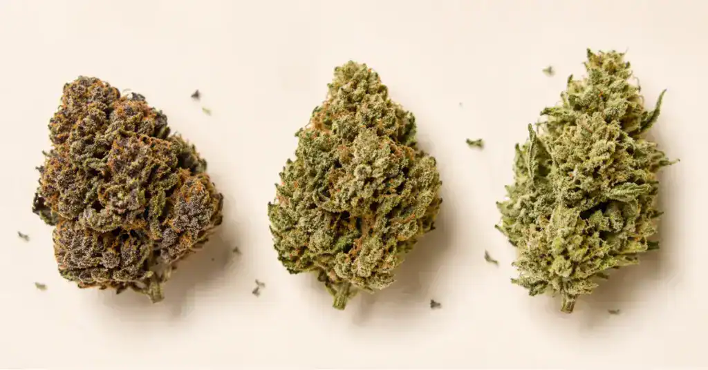 Three hemp flower buds representing indica hybrid and sativa cannabis strain types side by side on a cream background illustrating the differences between cannabis strain classifications