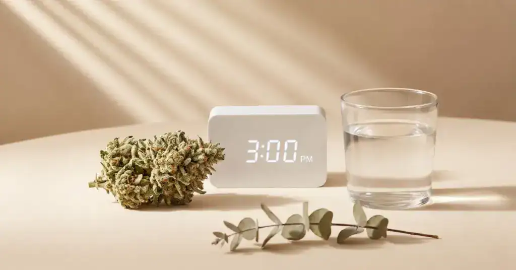 Standing digital clock beside a cannabis flower bud and glass of water on a cream surface with a eucalyptus sprig, representing the detection timeline for how long THC stays in your system across different test types
