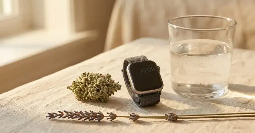 Cannabis flower bud beside a digital watch, glass of water, and lavender sprig on a warm cream surface, representing the onset and duration timeline for THC effects across different consumption methods