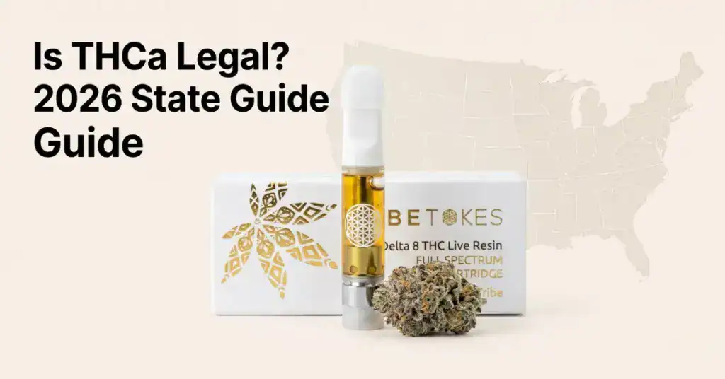 THCa flower and vape products on cream background with US map overlay representing the complete state-by-state THCa legal guide for 2026