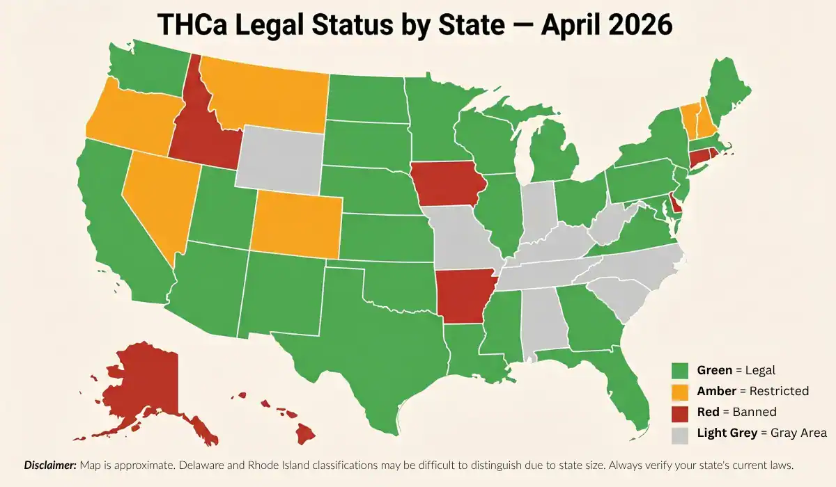 Color-coded US map showing THCa legal status by state as of April 2026 — green for legal, amber for restricted, red for banned, grey for gray area