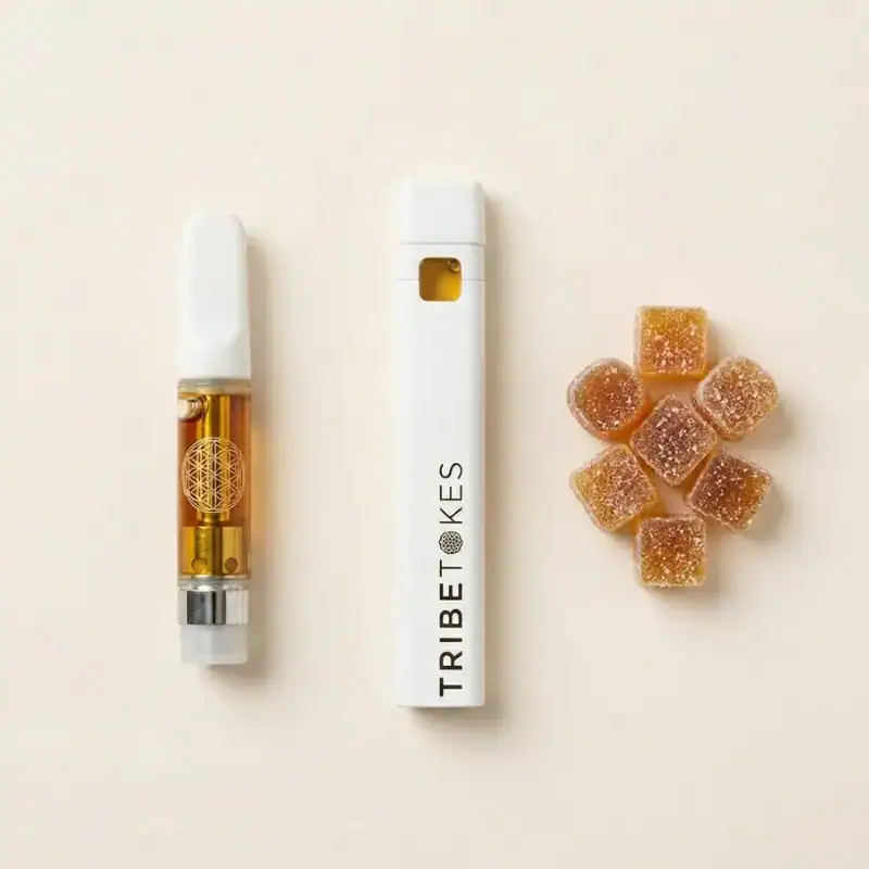 TribeTokes Delta 8 THC vape cartridge, disposable vape pen, and gummies arranged on a cream background representing the full hemp-derived Delta 8 product lineup