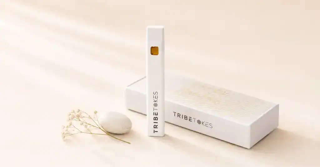 Single TribeTokes disposable vape pen on a cream background representing a beginner-friendly guide to vaping formats dosing and first-use tips for new cannabis vape users