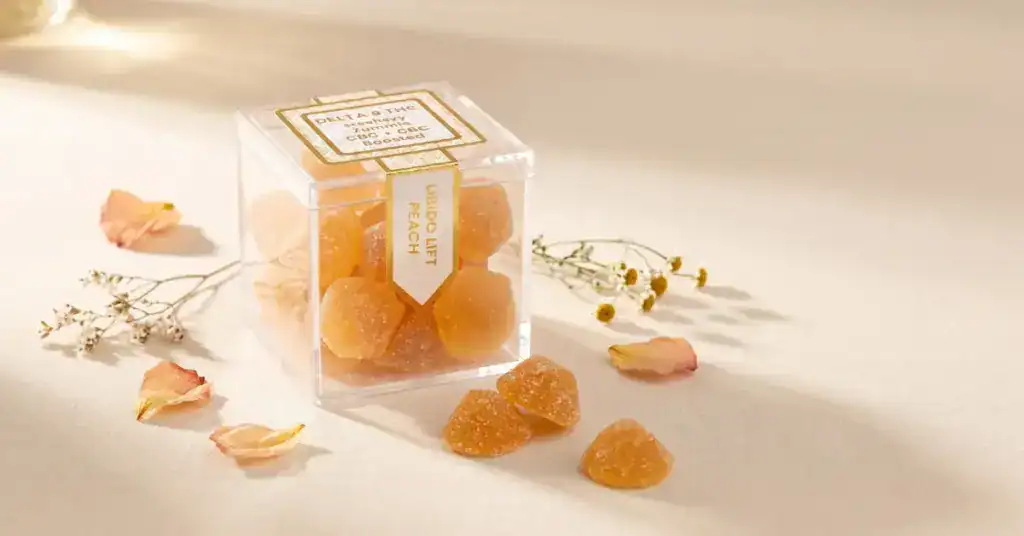 TribeTokes THC Libido Lift Peach gummies in a clear acrylic box surrounded by dried botanicals on a cream background — CBC cannabinoid guide