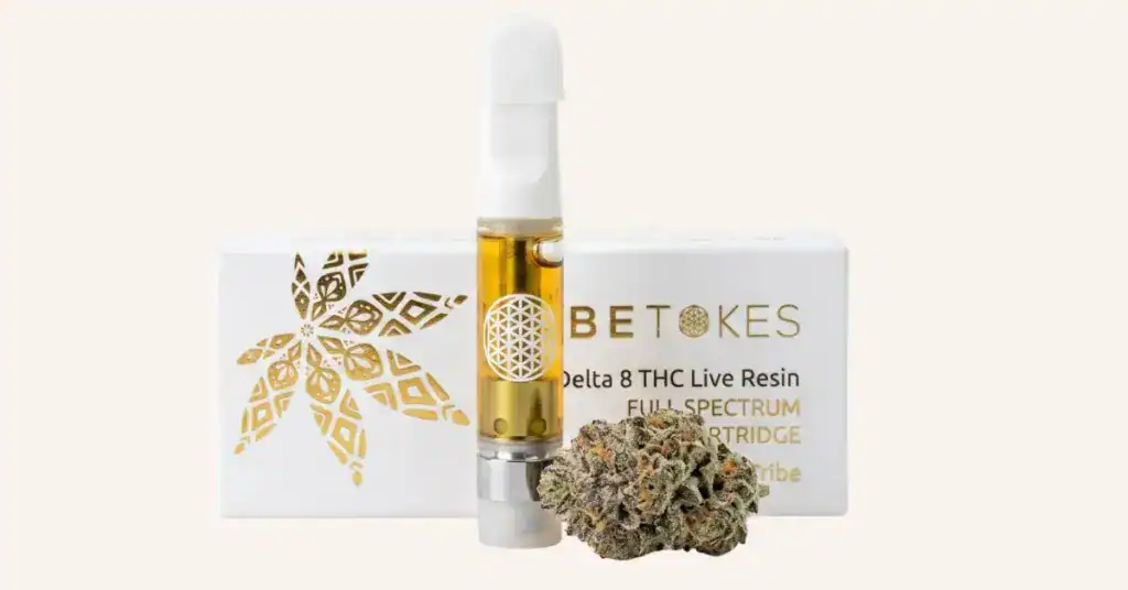 Delta 8 THC vape cartridge representing the hemp-derived cannabinoid, with cannabis trichomes in the background