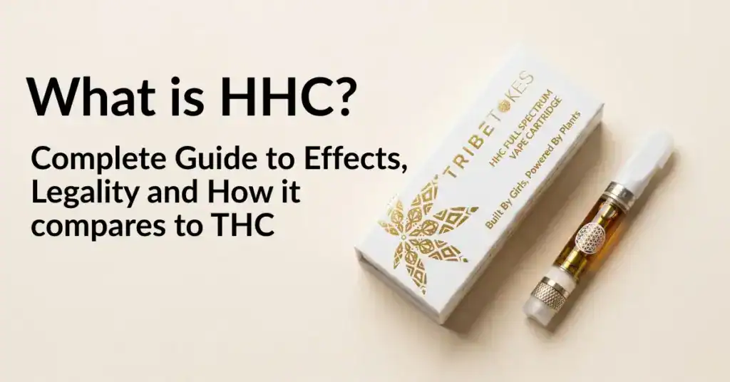 TribeTokes HHC vape cartridges on cream background, representing a complete guide to hexahydrocannabinol