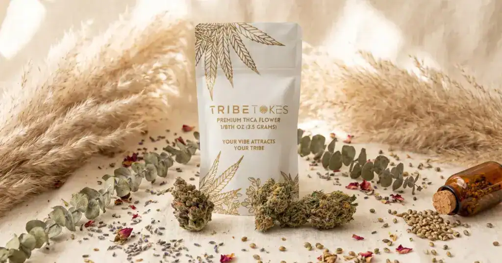 TribeTokes Premium THCa Flower bag with cannabis buds, amber bottle, and dried botanicals on a cream background — sativa strains high in THCV like Durban Poison and Maui Wowie