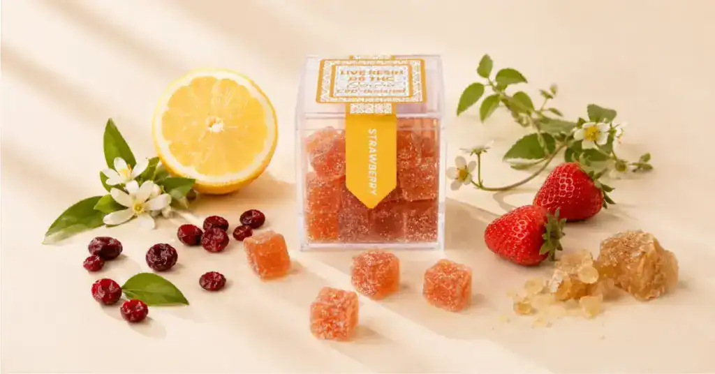 TribeTokes cannabis gummy box surrounded by natural ingredients including fruit and botanicals representing clean label cannabis gummies without artificial additives