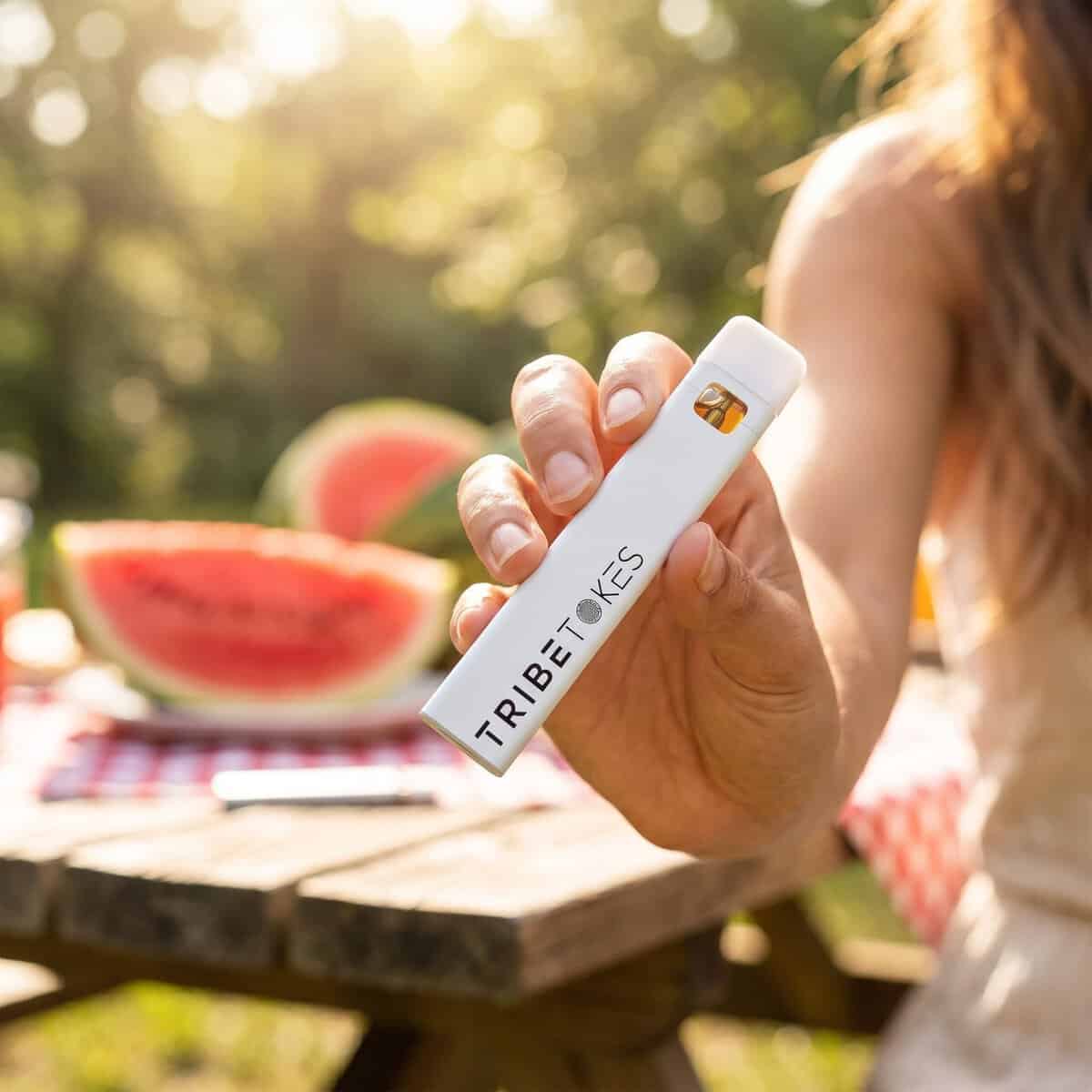 Girl holding Watermelon THCa vape at a picnic