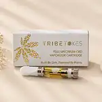 TribeTokes Full Spectrum CBD vape cartridge and box on cream linen — clean product flatlay representing third-party tested, additive-free vape safety standards in the context of the 2019 EVALI crisis