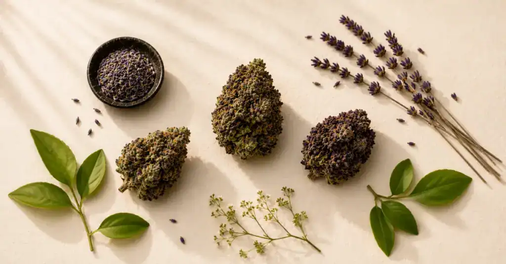 Cannabis buds with green and purple hues on cream background — hybrid strain flat lay showing the balanced terpene profile between indica and sativa for TribeTokes best hybrid strains guide