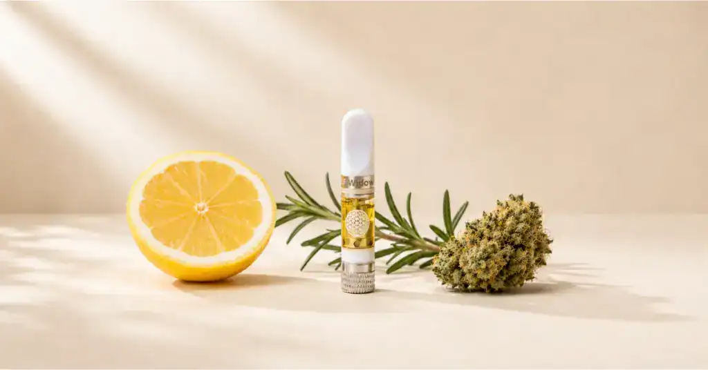 TribeTokes vape cartridge with a sativa hemp bud lemon and rosemary on a cream background representing best sativa cannabis strains for creativity daytime use and terpene effects guide