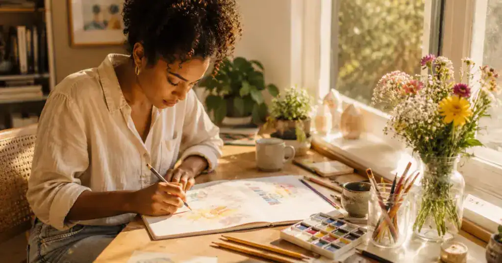 Woman sketching at a sunlit creative workspace with art supplies and fresh flowers representing cannabis strains for creativity fun and inspired daytime experiences