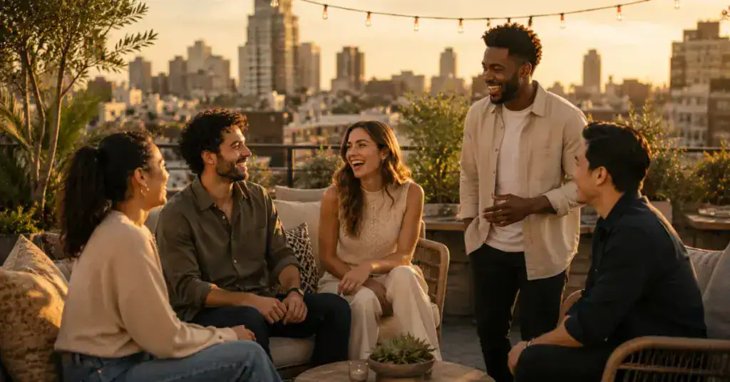 Diverse group of friends socializing outdoors at golden hour representing cannabis dosage guide for social events and different gathering settings
