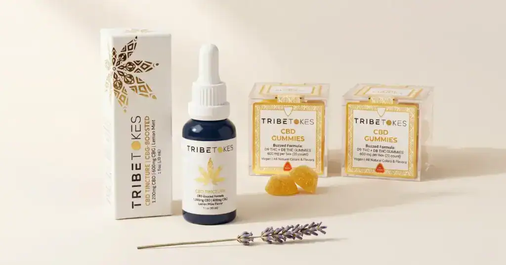 TribeTokes CBD Tincture, CBD Live Resin Gummies arranged on a cream background with a lavender sprig, representing three CBD delivery formats for finding the right starting dose