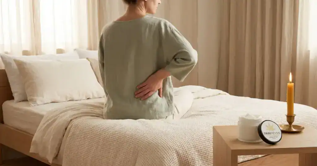 Woman pressing hand to lower back in cream linen bedroom setting with CBD pain relief cream on bedside table — morning wellness routine