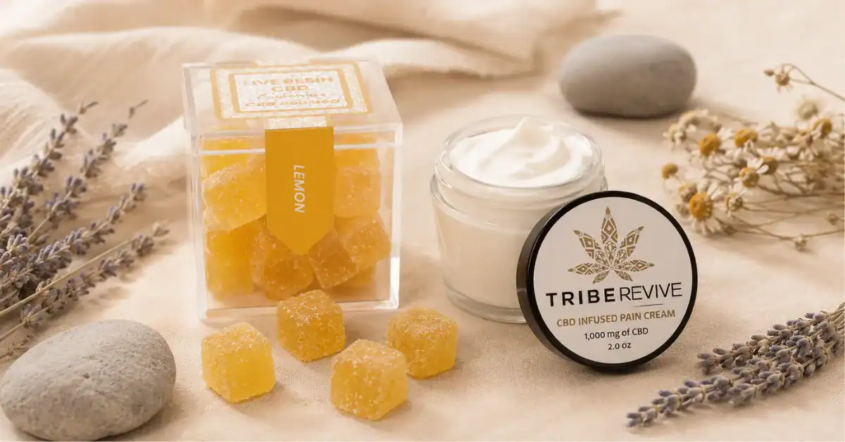 TribeRevive CBD pain cream and CBD Live Resin Gummies with lavender and chamomile botanicals on a cream background representing CBD products researched for migraine relief and prevention