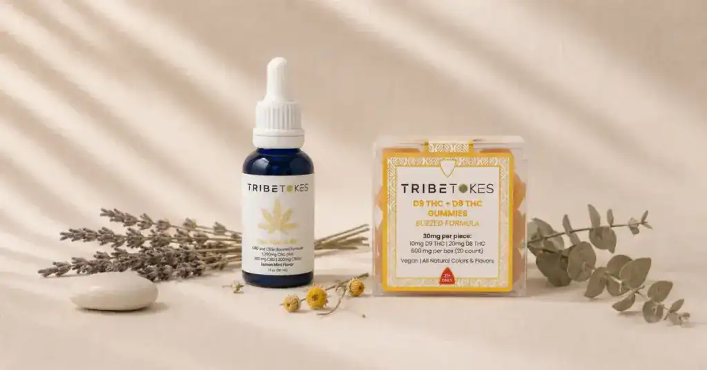 TribeTokes CBG tincture and Delta-8 gummies on cream linen with dried lavender — wellness flatlay comparing CBD and THC for anxiety relief, stress management and cannabinoid pharmacology guide