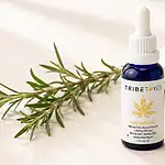 TribeTokes CBG tincture bottle with rosemary sprig and open notebook on a cream background representing CBG cannabinoid for focus energy and calm mental clarity