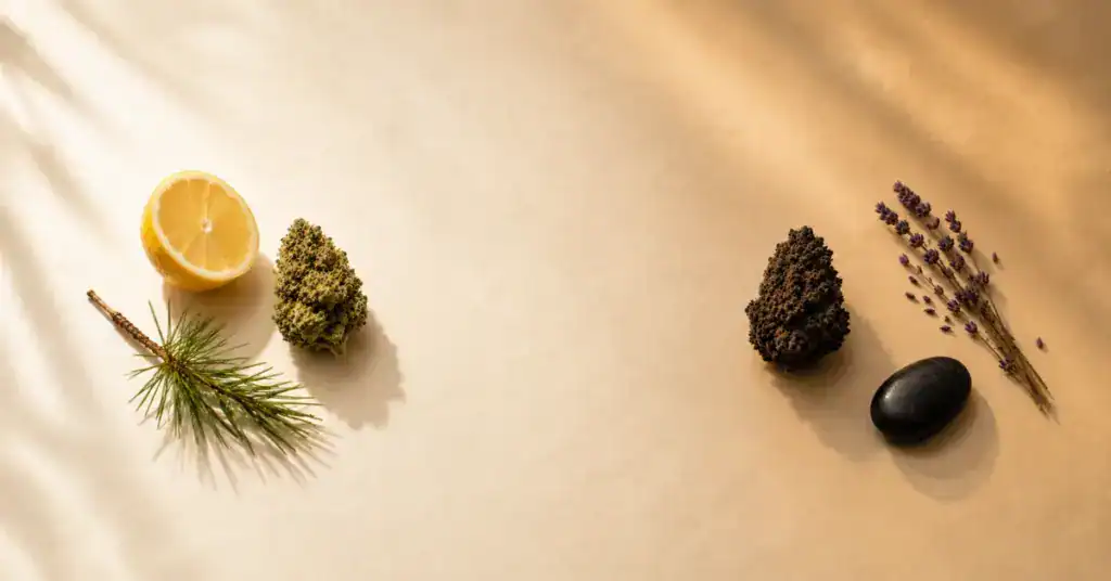 Two hemp flower buds representing daytime and nighttime hybrid cannabis strains side by side on a cream background with day-associated and night-associated botanicals illustrating how terpene profiles determine hybrid effects