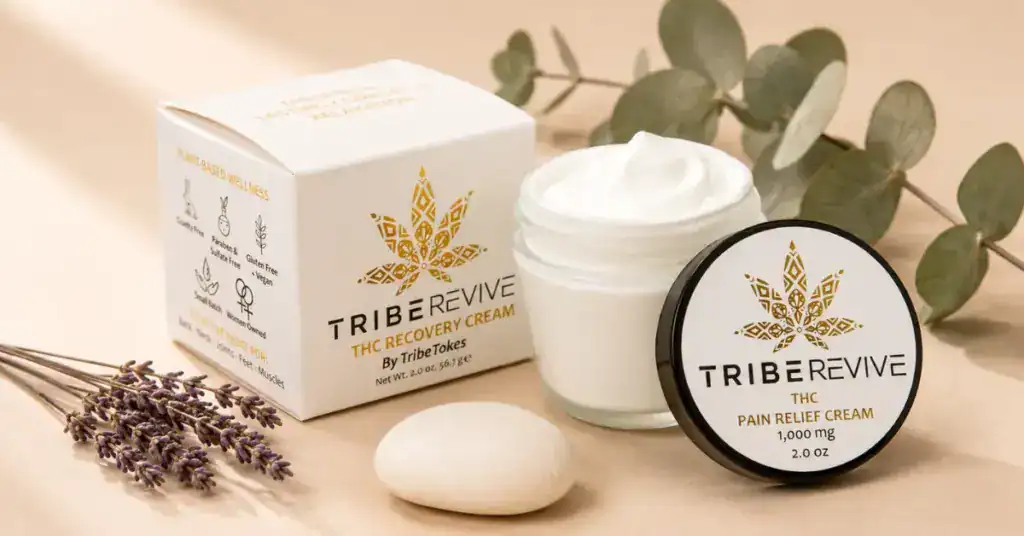 TribeTokes Delta-8 pain relief cream with eucalyptus and lavender botanicals on a cream background representing cannabis topical absorption and localized effects without psychoactivity