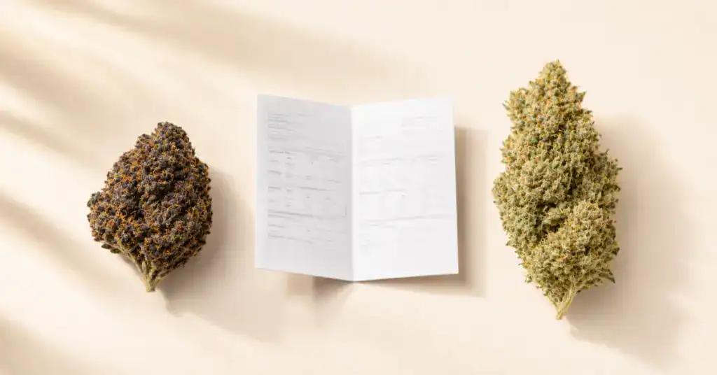 Two cannabis flower buds showing indica and sativa differences alongside a lab COA document on a cream background representing research on whether indica and sativa strains actually feel different